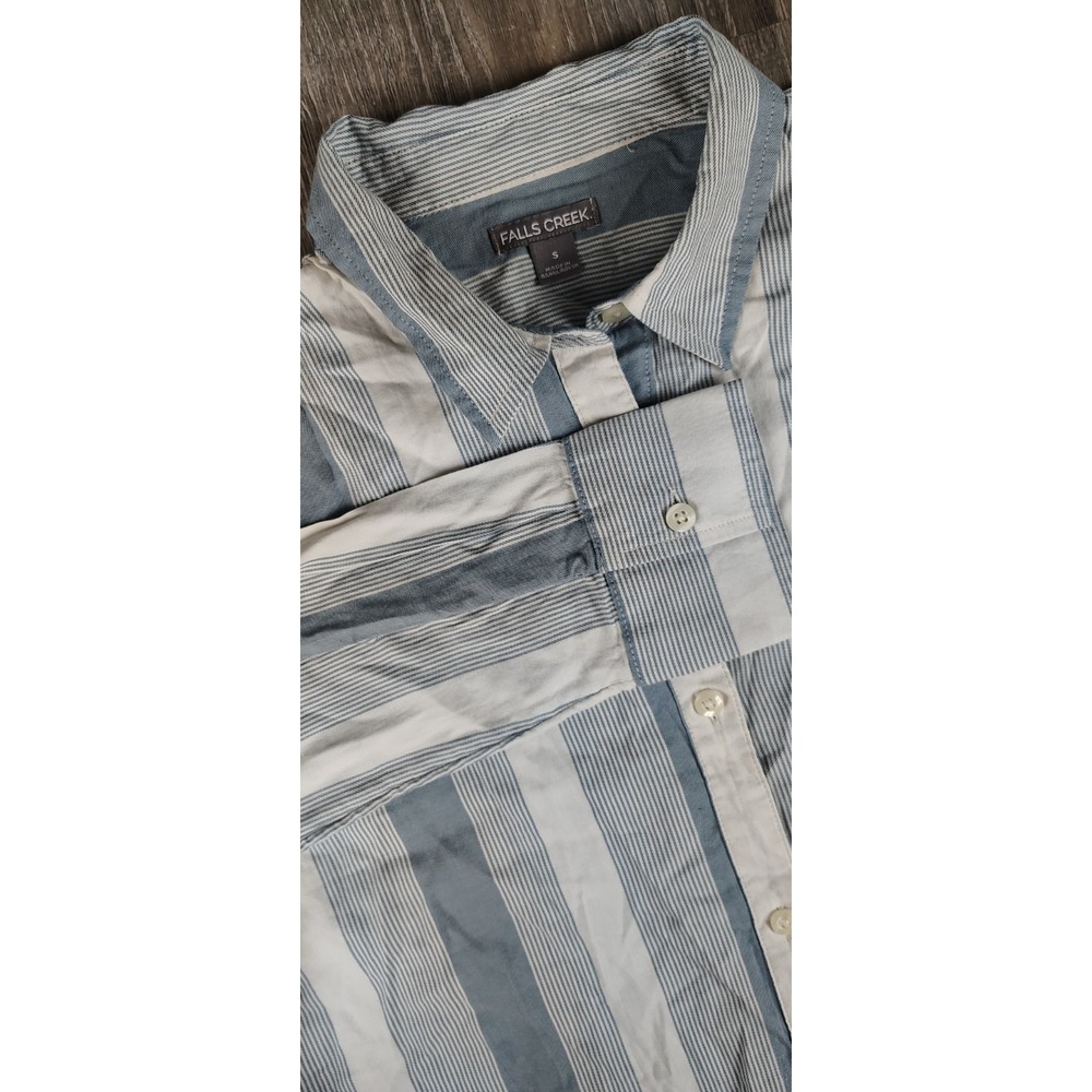 Falls Creek Women's Small Striped White Blue Long Sleeve Button Shirt Collar NEW